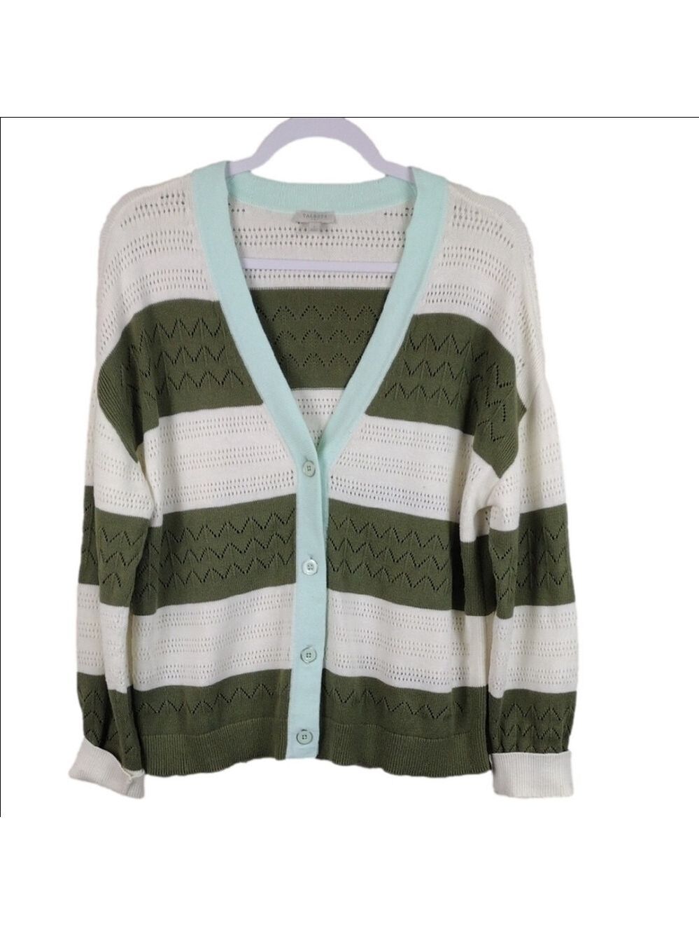 Talbots Green White Striped V-Neck Long Sleeve Button Front Cardigan Sweater